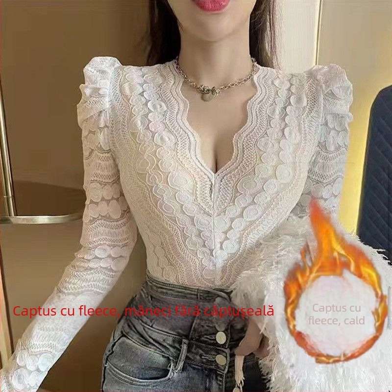 Top din dantelă cu decolteu în V și mâneci bufante, amestec poliester, croială neregulată, pentru femei, iarna 2021