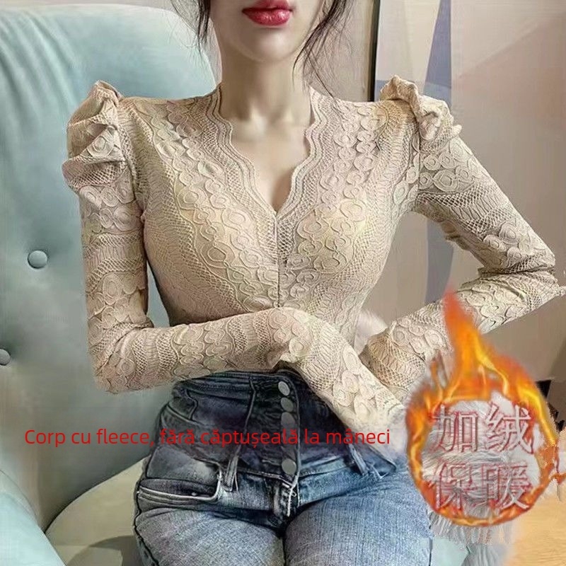Top din dantelă cu decolteu în V și mâneci bufante, amestec poliester, croială neregulată, pentru femei, iarna 2021