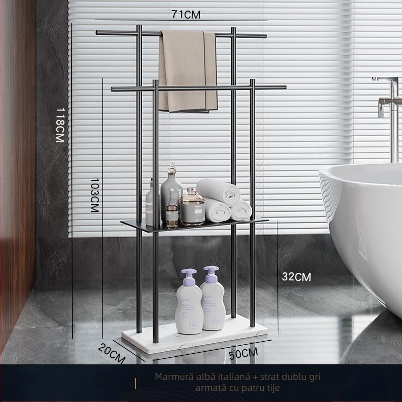 Raft de prosoape pentru baie, suport pe podea, 4 etaje, aliaj de aluminiu, poliță din marmură, montaj fără găuri