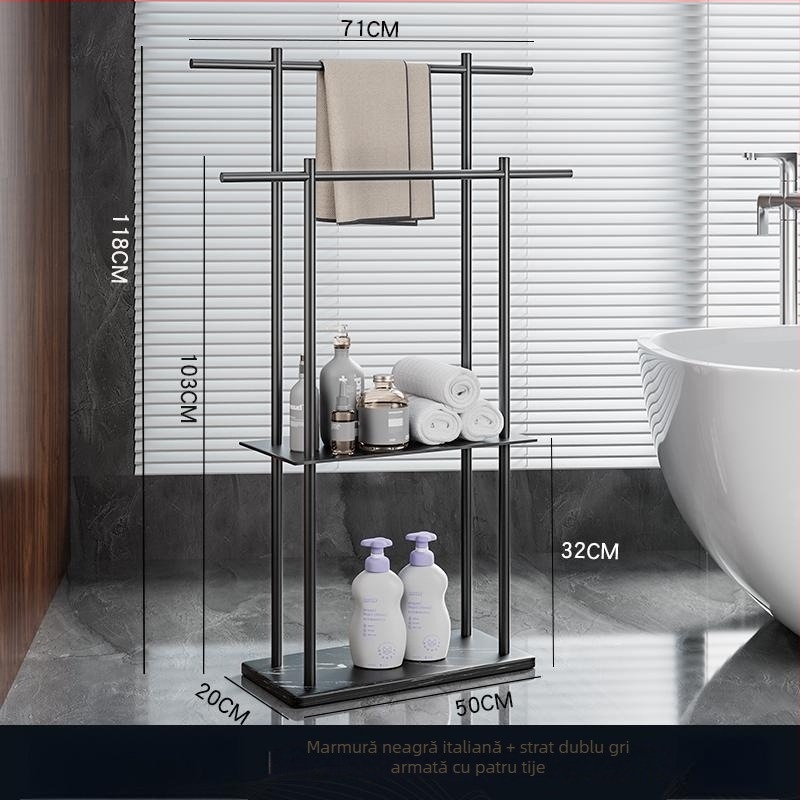 Raft de prosoape pentru baie, suport pe podea, 4 etaje, aliaj de aluminiu, poliță din marmură, montaj fără găuri