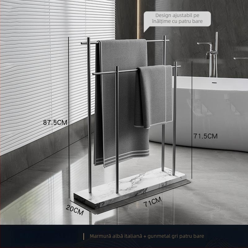 Raft de prosoape pentru baie, suport pe podea, 4 etaje, aliaj de aluminiu, poliță din marmură, montaj fără găuri