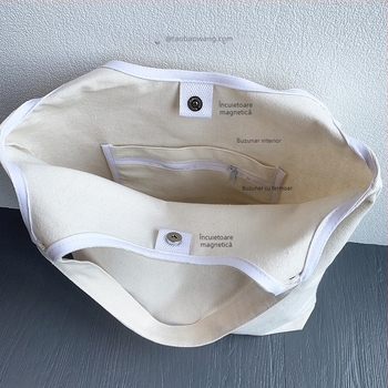 Geantă din pânză canvas, stil urban minimalist, închidere magnetică, fără căptuială, buzunare interioare: fermoar, buzunar pentru telefon, buzunar pentru ID