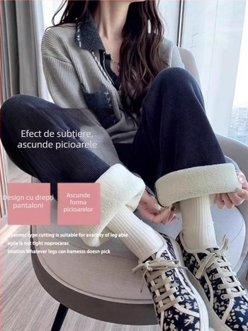 Pantaloni de iarnă pentru gravide cu susținere a abdomenului, căptuți cu fleece pentru căldură, talie înaltă și croială lejeră, amestec poliester-elastan, elasticitate ridicată