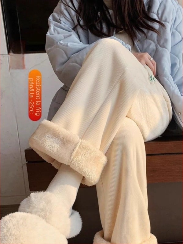 Pantaloni de iarnă pentru gravide cu susținere a abdomenului, căptuți cu fleece pentru căldură, talie înaltă și croială lejeră, amestec poliester-elastan, elasticitate ridicată