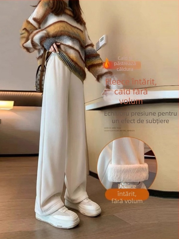 Pantaloni de iarnă pentru gravide cu susținere a abdomenului, căptuți cu fleece pentru căldură, talie înaltă și croială lejeră, amestec poliester-elastan, elasticitate ridicată