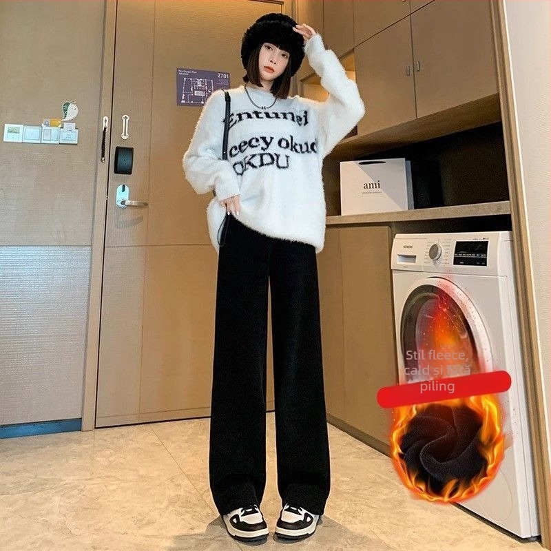 Pantaloni de iarnă pentru gravide cu susținere a abdomenului, căptuți cu fleece pentru căldură, talie înaltă și croială lejeră, amestec poliester-elastan, elasticitate ridicată