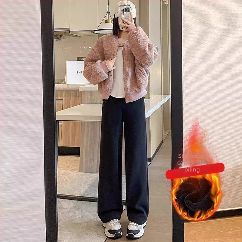 Pantaloni de iarnă pentru gravide cu susținere a abdomenului, căptuți cu fleece pentru căldură, talie înaltă și croială lejeră, amestec poliester-elastan, elasticitate ridicată