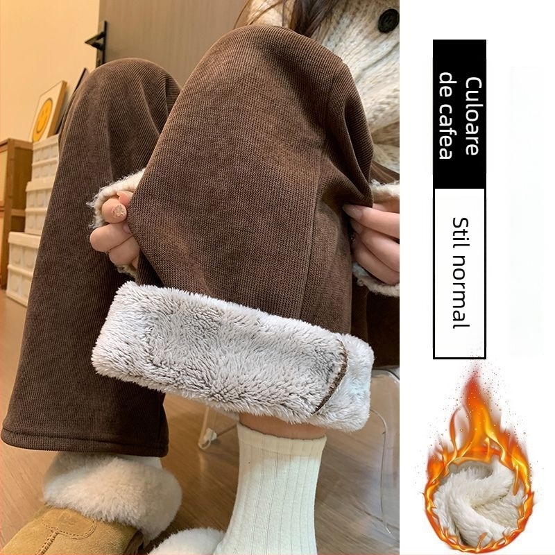 Pantaloni de iarnă pentru gravide cu susținere a abdomenului, căptuți cu fleece pentru căldură, talie înaltă și croială lejeră, amestec poliester-elastan, elasticitate ridicată