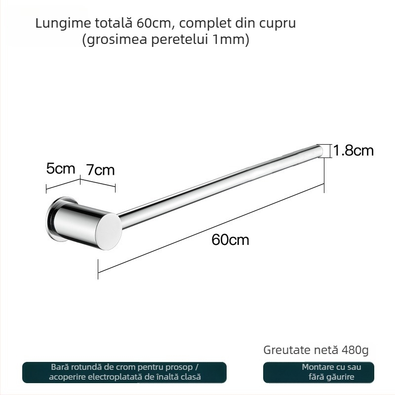 Suport de prosoape din cupru – montaj fără găuri, capacitate 10 kg, un singur strat, stil modern minimalist