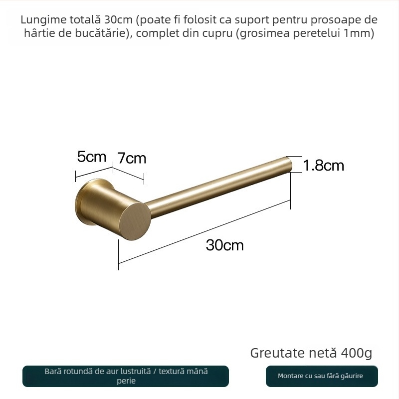 Suport de prosoape din cupru – montaj fără găuri, capacitate 10 kg, un singur strat, stil modern minimalist
