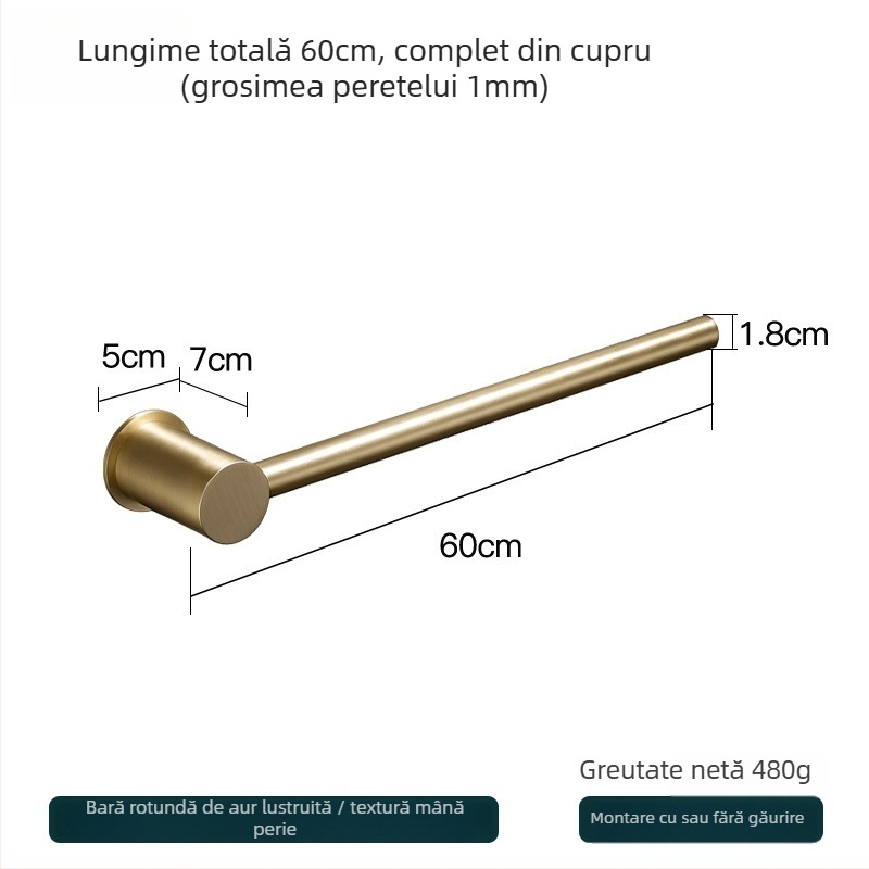 Suport de prosoape din cupru – montaj fără găuri, capacitate 10 kg, un singur strat, stil modern minimalist