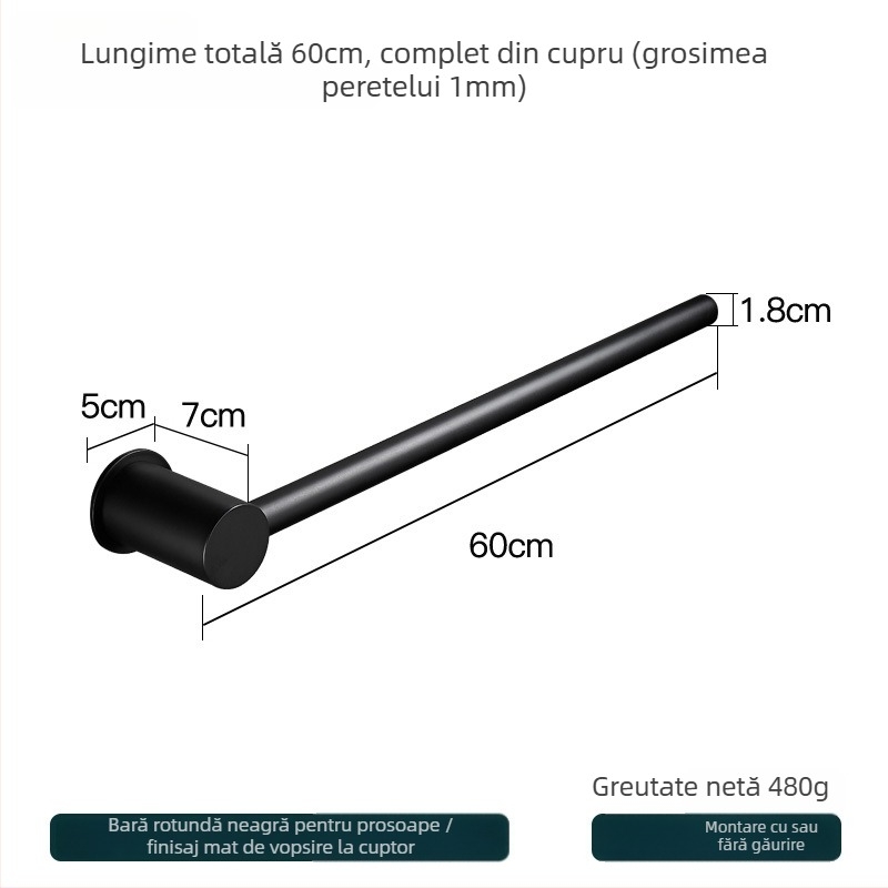 Suport de prosoape din cupru – montaj fără găuri, capacitate 10 kg, un singur strat, stil modern minimalist