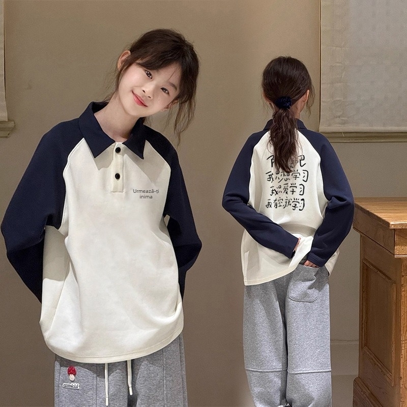 Tricou polo pentru fete, cu mâneci lungi, din bumbac, model cu desene animate, primăvară-toamnă