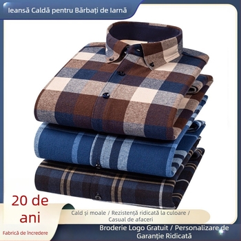 Cămașă bărbătească în stil coreean din bumbac, model carouri, căldură îngroșată, guler ascuțit