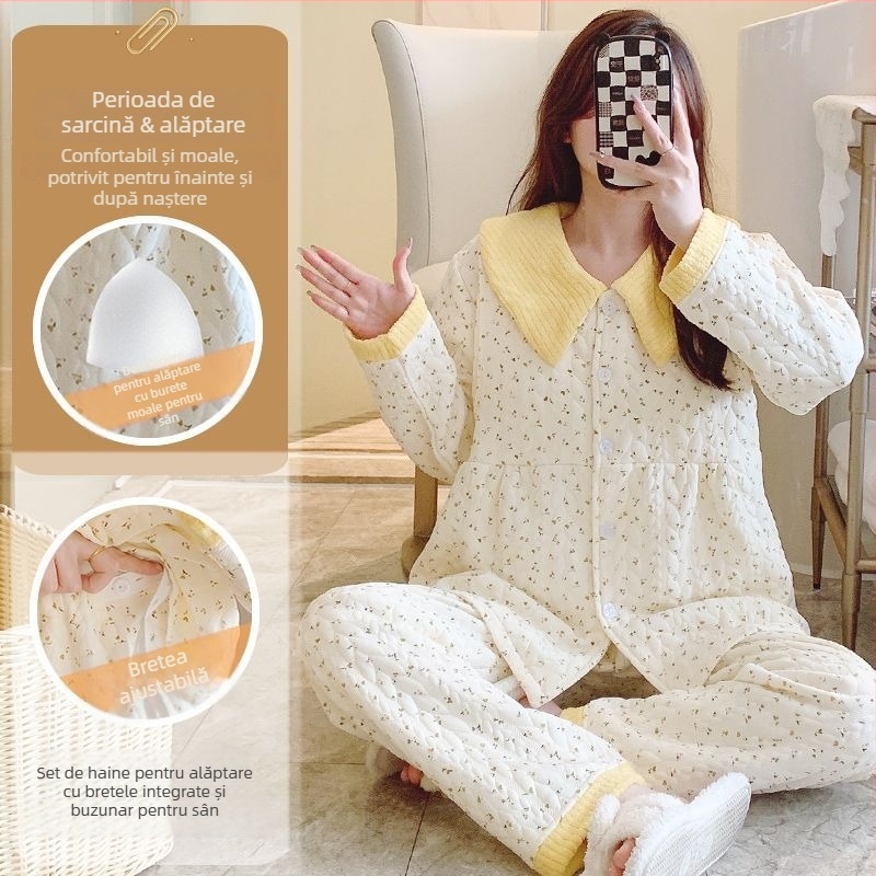 Set pijama maternitate cardigan – Air Cotton, guler rever, mâneci lungi, țesătură groasă 251–300 g/m², bumbac 90–95%
