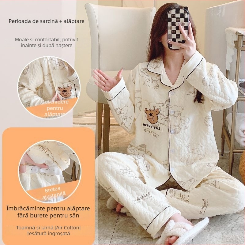 Set pijama maternitate cardigan – Air Cotton, guler rever, mâneci lungi, țesătură groasă 251–300 g/m², bumbac 90–95%
