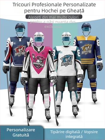 Uniformă sublimată de hochei pe gheață, croială lejeră, mânecă lungă, design personalizat, pentru antrenamente și competiții, 100% poliester, căptușeală: amestec fibre sintetice 100%