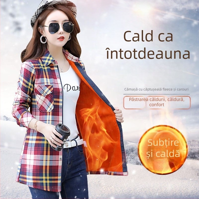 Cămașă de femei din poliester cu carouri, mâneci lungi, guler pătrat, croială Slim