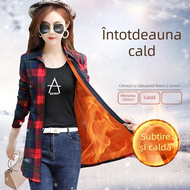 Cămașă de femei din poliester cu carouri, mâneci lungi, guler pătrat, croială Slim