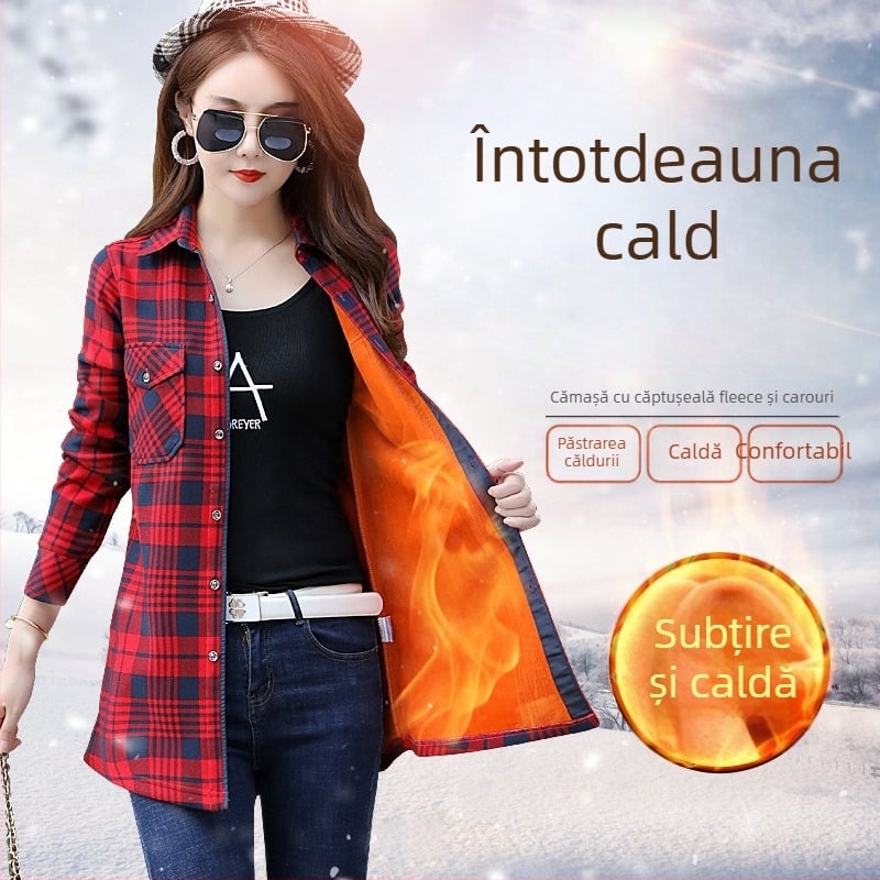 Cămașă de femei din poliester cu carouri, mâneci lungi, guler pătrat, croială Slim