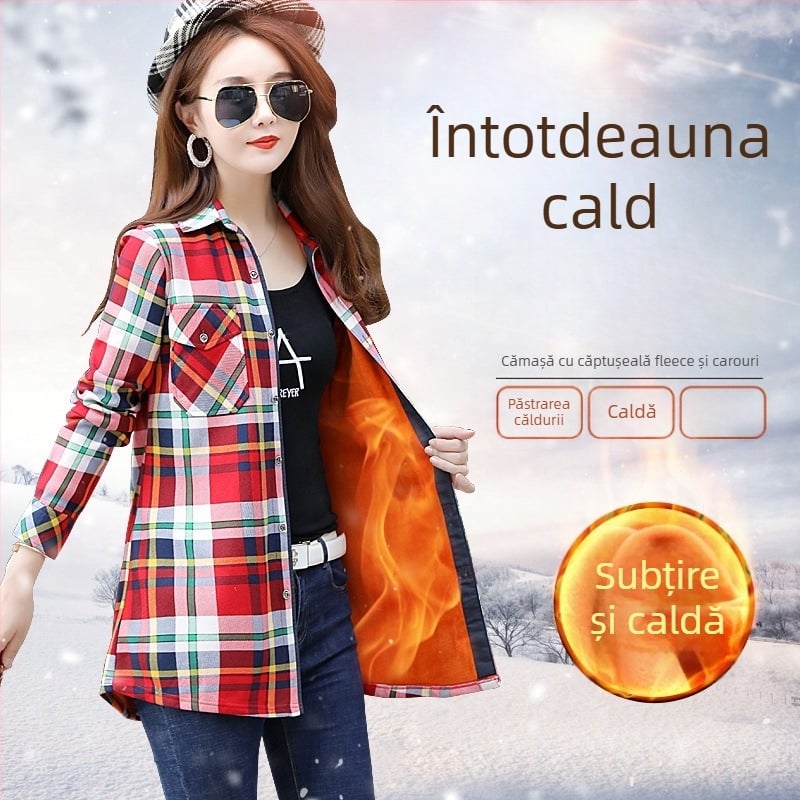 Cămașă de femei din poliester cu carouri, mâneci lungi, guler pătrat, croială Slim