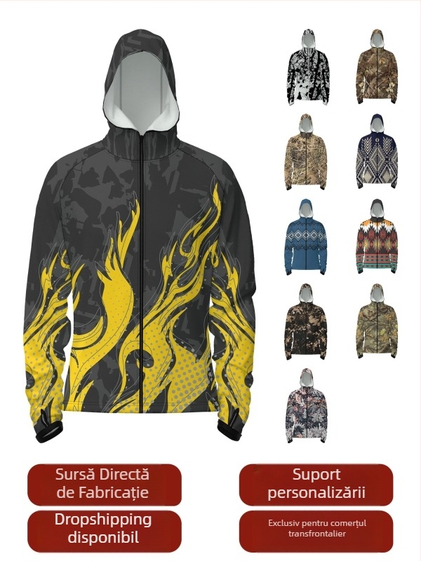 Cămașă de pescuit outdoor cu glugă, fermoar în față, uscare rapidă, croială slim, 100% poliester