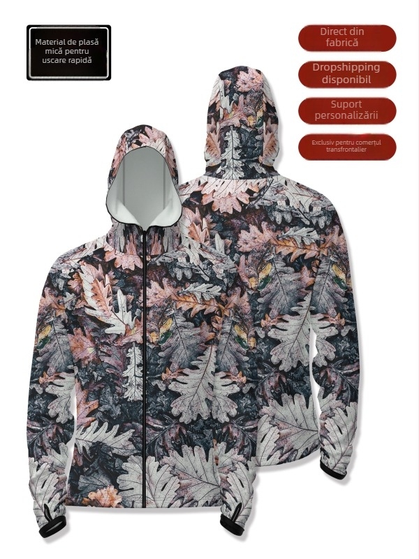 Cămașă de pescuit outdoor cu glugă, fermoar în față, uscare rapidă, croială slim, 100% poliester