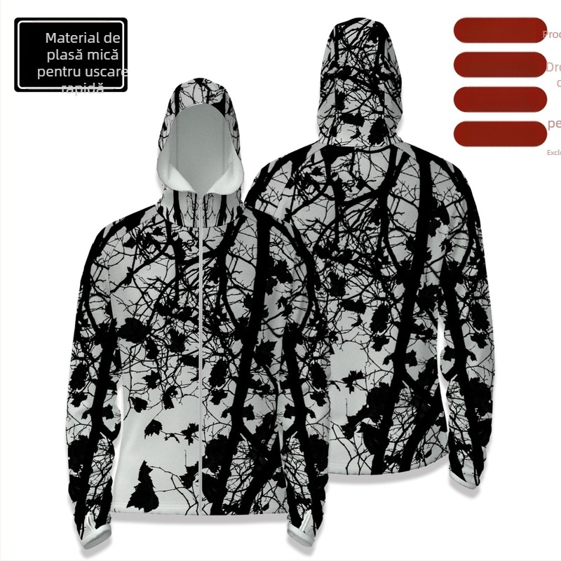 Cămașă de pescuit outdoor cu glugă, fermoar în față, uscare rapidă, croială slim, 100% poliester