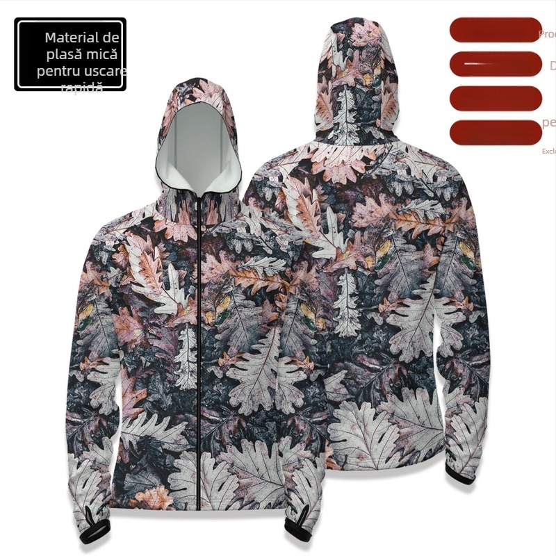 Cămașă de pescuit outdoor cu glugă, fermoar în față, uscare rapidă, croială slim, 100% poliester