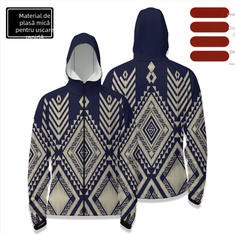 Cămașă de pescuit outdoor cu glugă, fermoar în față, uscare rapidă, croială slim, 100% poliester