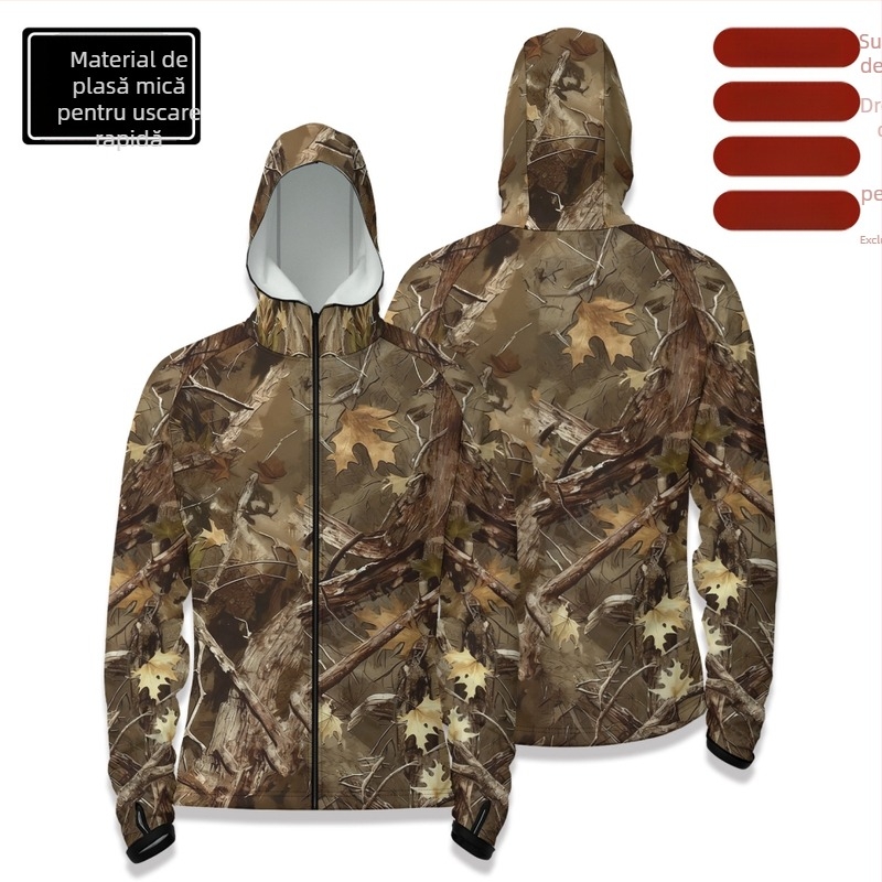 Cămașă de pescuit outdoor cu glugă, fermoar în față, uscare rapidă, croială slim, 100% poliester