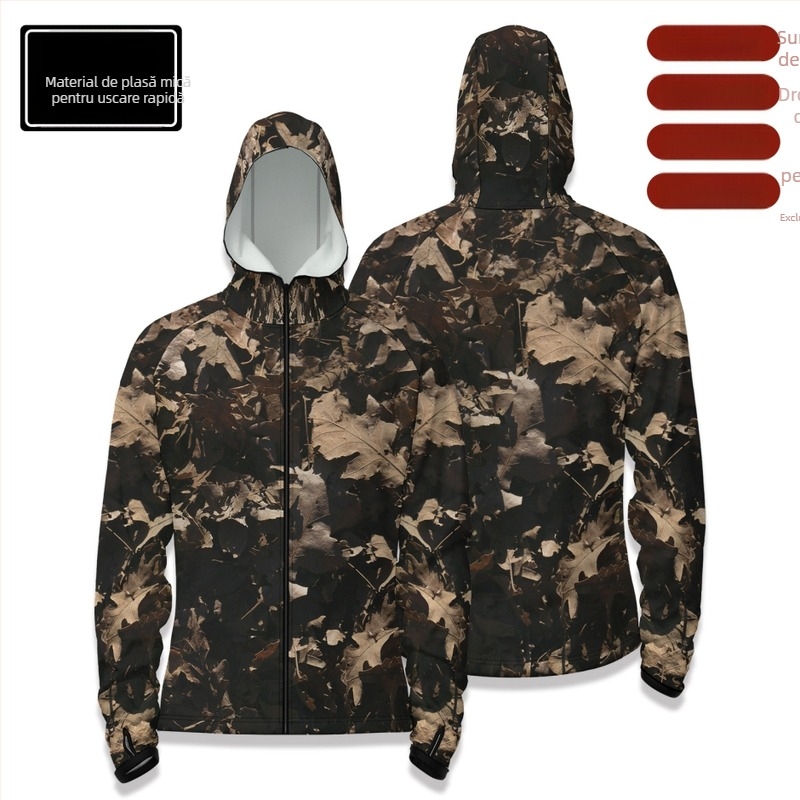 Cămașă de pescuit outdoor cu glugă, fermoar în față, uscare rapidă, croială slim, 100% poliester