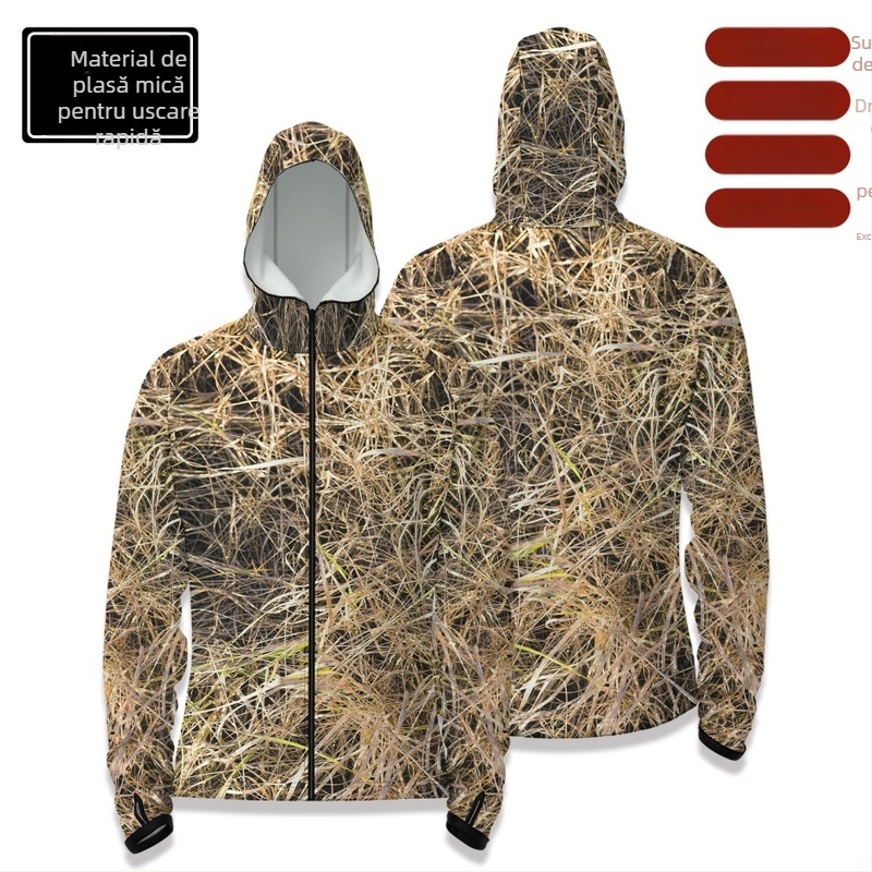 Cămașă de pescuit outdoor cu glugă, fermoar în față, uscare rapidă, croială slim, 100% poliester