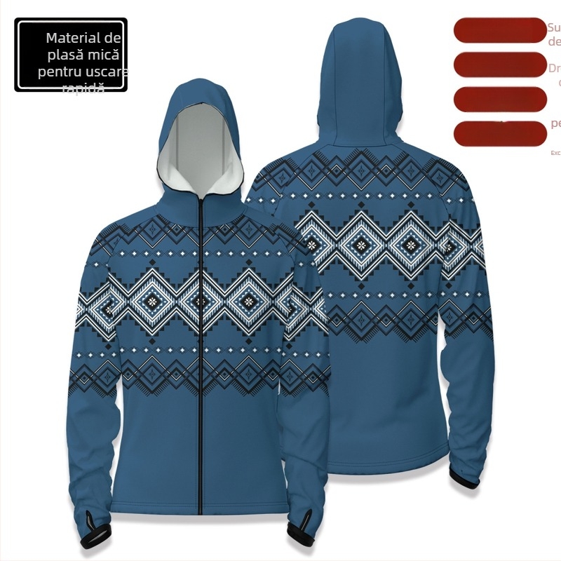 Cămașă de pescuit outdoor cu glugă, fermoar în față, uscare rapidă, croială slim, 100% poliester