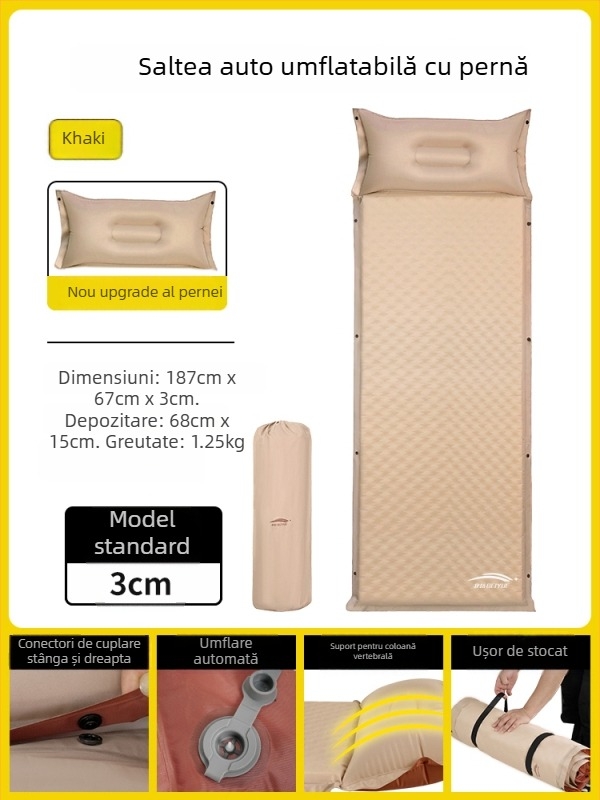 Saltea gonflabilă automată pentru camping în aer liber – saltea de podea portabilă pentru odihnă, cu suprafață din țesătură compozită