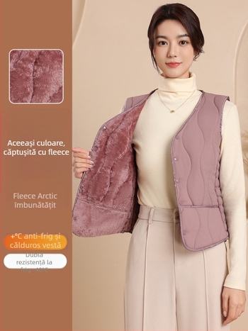 Vesta femei din nailon cu umplutură de bumbac, decolteu în V, croi slim, lungime scurtă