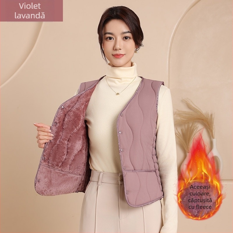 Vesta femei din nailon cu umplutură de bumbac, decolteu în V, croi slim, lungime scurtă