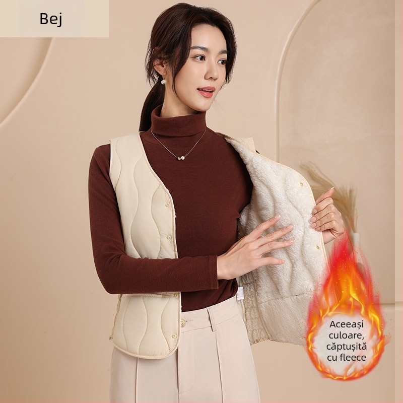 Vesta femei din nailon cu umplutură de bumbac, decolteu în V, croi slim, lungime scurtă