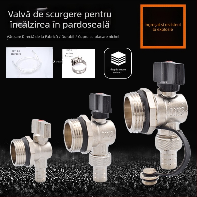 Robinet de drenaj pentru încălzire prin podea geotermală; corp din cupru solid; construcție integral din cupru; pentru drenaj