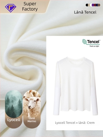 Tricou cu mânecă lungă din amestec Lyocell-lână, croială slim, guler rotund, model unicolor