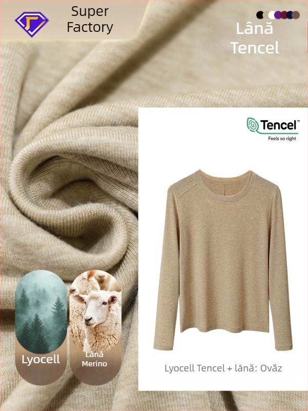 Tricou cu mânecă lungă din amestec Lyocell-lână, croială slim, guler rotund, model unicolor