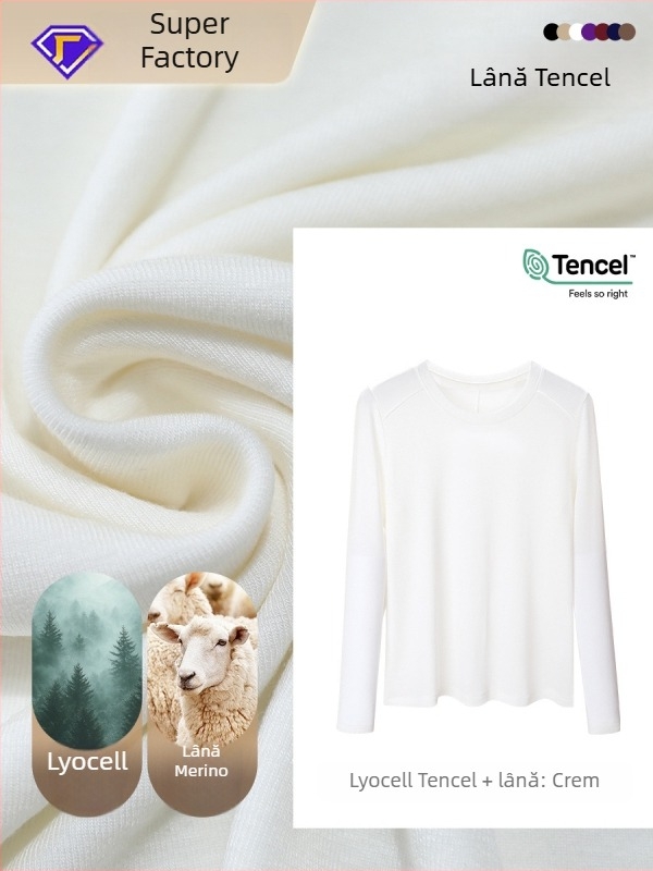 Tricou cu mânecă lungă din amestec Lyocell-lână, croială slim, guler rotund, model unicolor