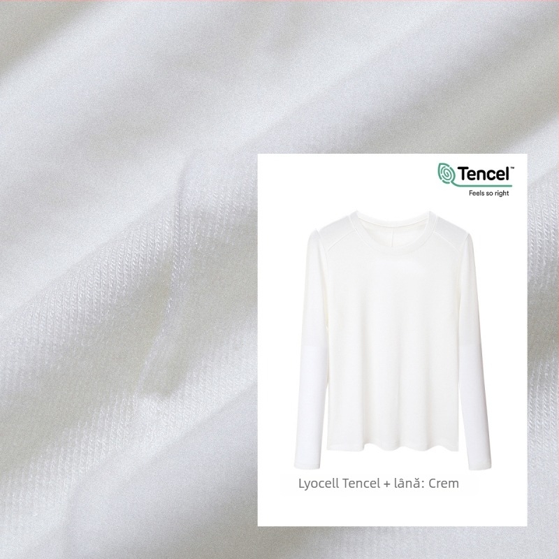 Tricou cu mânecă lungă din amestec Lyocell-lână, croială slim, guler rotund, model unicolor