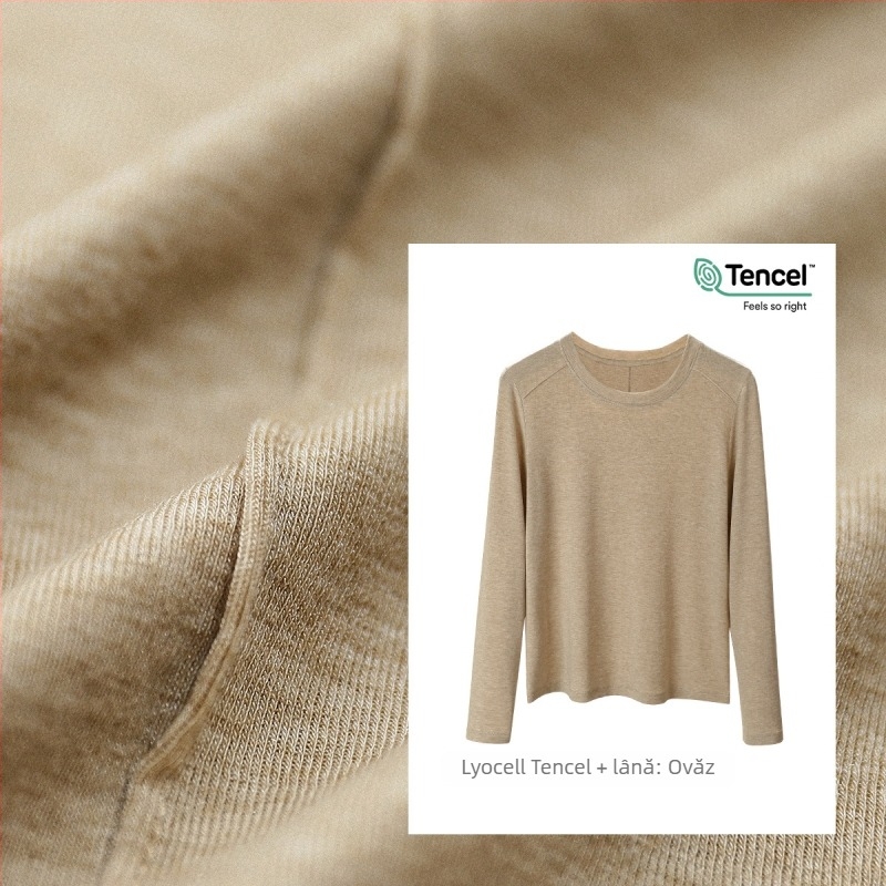 Tricou cu mânecă lungă din amestec Lyocell-lână, croială slim, guler rotund, model unicolor