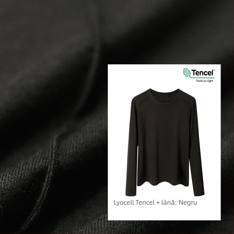 Tricou cu mânecă lungă din amestec Lyocell-lână, croială slim, guler rotund, model unicolor