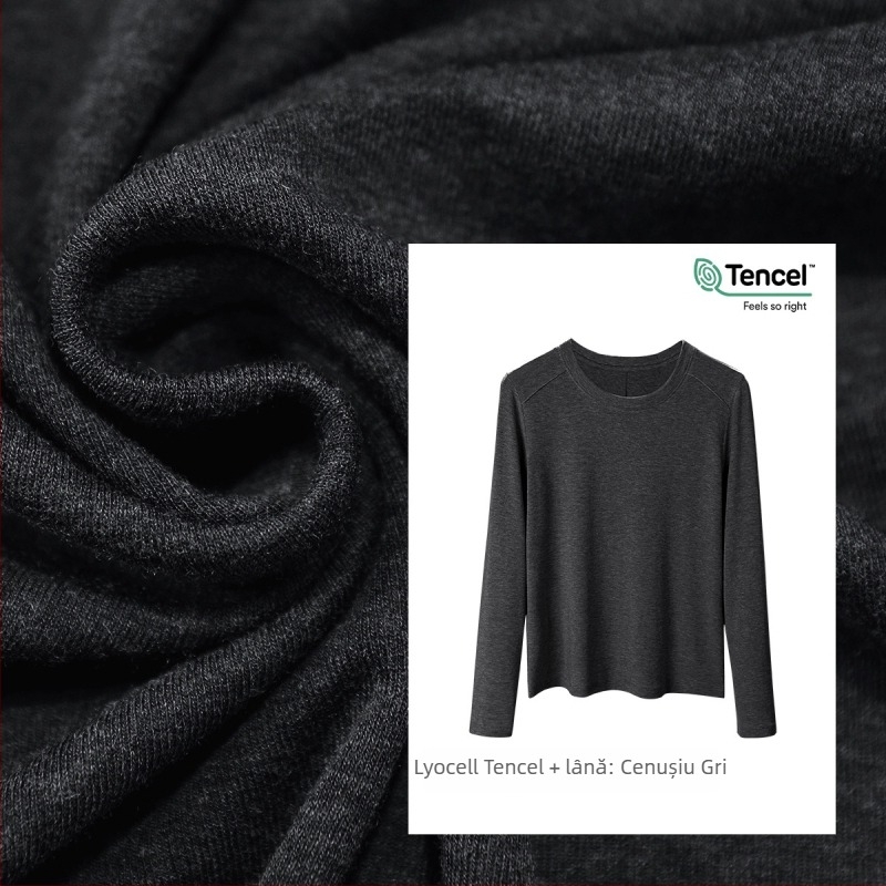 Tricou cu mânecă lungă din amestec Lyocell-lână, croială slim, guler rotund, model unicolor