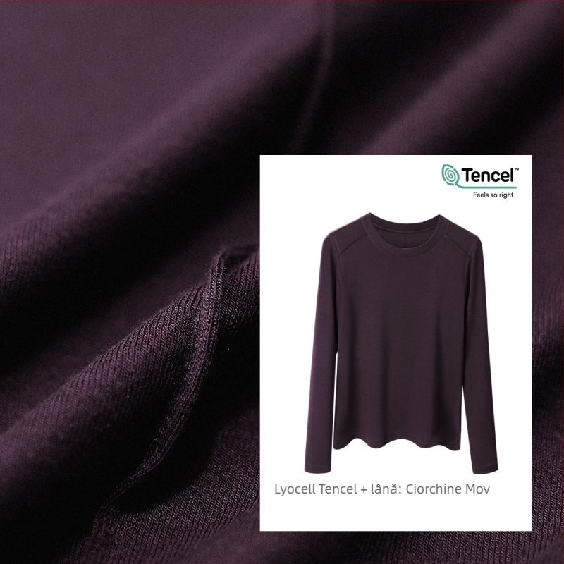 Tricou cu mânecă lungă din amestec Lyocell-lână, croială slim, guler rotund, model unicolor