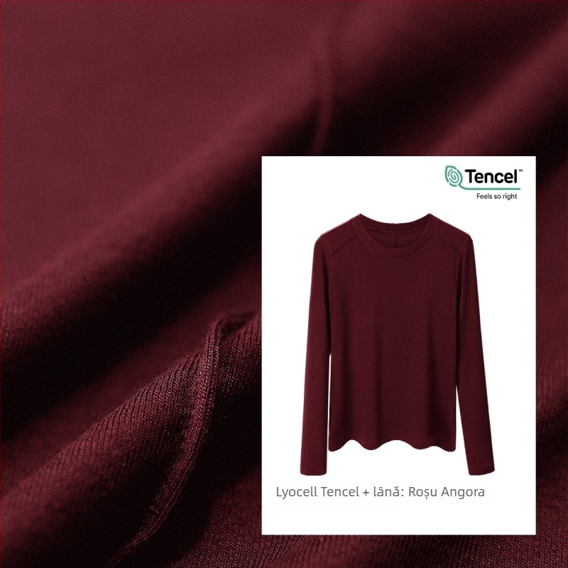 Tricou cu mânecă lungă din amestec Lyocell-lână, croială slim, guler rotund, model unicolor