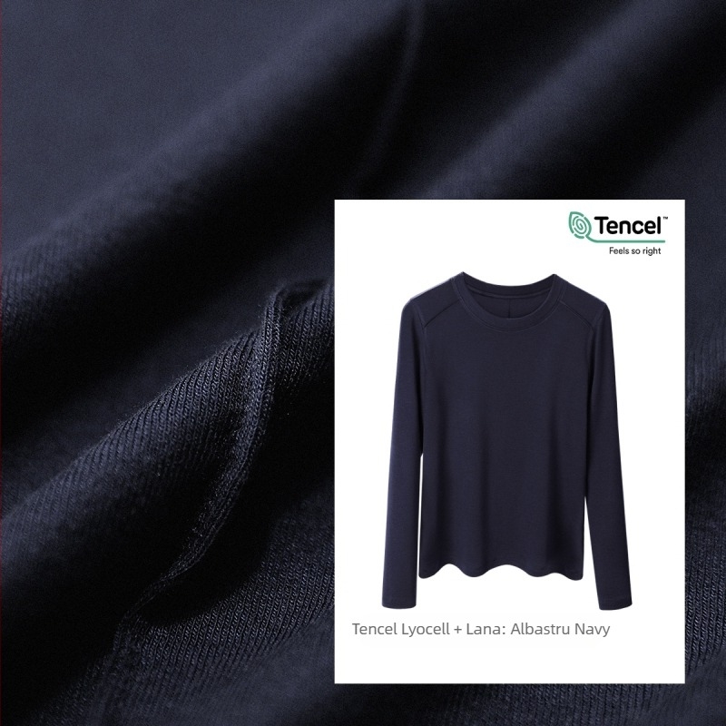 Tricou cu mânecă lungă din amestec Lyocell-lână, croială slim, guler rotund, model unicolor