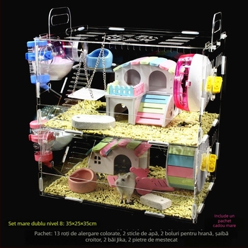 Cușcă acrilică pentru hamster, două etaje, vilă transparentă în formă de castel, rotundă, pentru interior, impermeabilă